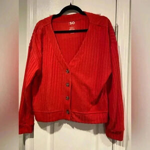 SO Cropped Fuzzy Oversized Striped V Neck Button Front Red Cardigan Size Large